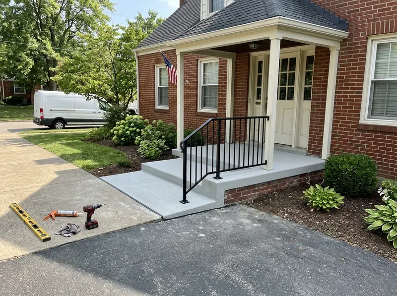 New concrete front steps and black metal railing on a brick home