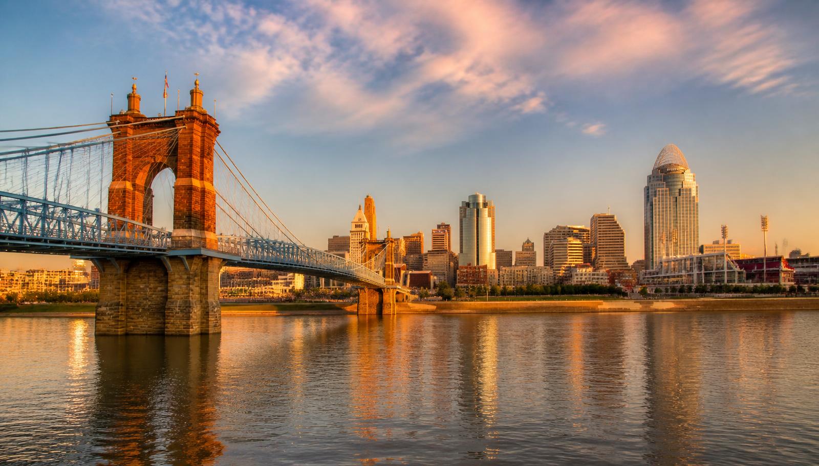 Cincinnati skyline and the Roebling Suspension Bridge